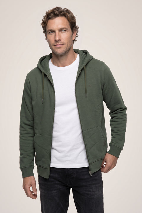 Orta Haki Kapüşonlu Fermuarlı Cepli Regular Fit Şardonlu Sıcak Tutan Pamuklu Basic Sweatshirt Hırka