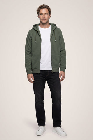  Orta Haki Kapüşonlu Fermuarlı Cepli Regular Fit Şardonlu Sıcak Tutan Pamuklu Basic Sweatshirt Hırka