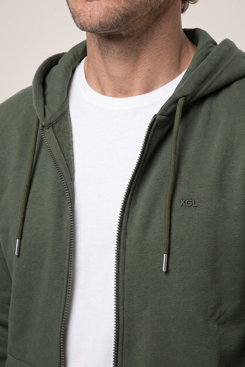 Orta Haki Kapüşonlu Fermuarlı Cepli Regular Fit Şardonlu Sıcak Tutan Pamuklu Basic Sweatshirt Hırka