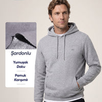 Orta Gri Melanj Kapüşonlu Cepli Regular Fit Şardonlu Sıcak Tutan Pamuklu Basic Sweatshirt