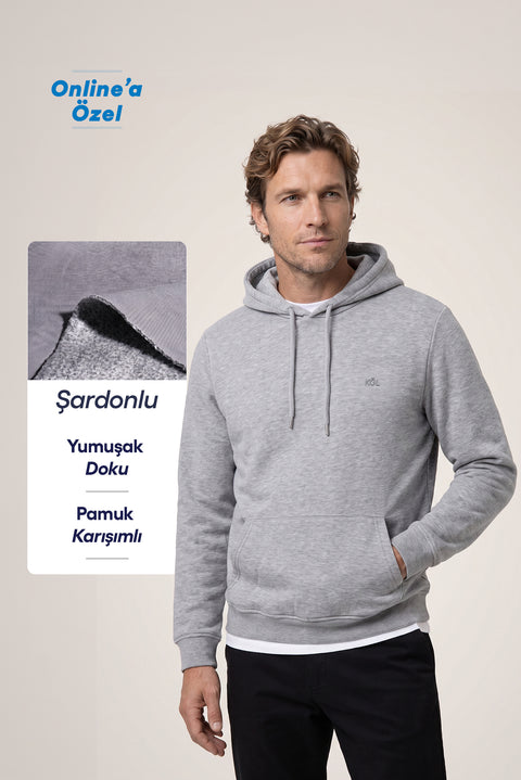 Orta Gri Melanj Kapüşonlu Cepli Regular Fit Şardonlu Sıcak Tutan Pamuklu Basic Sweatshirt