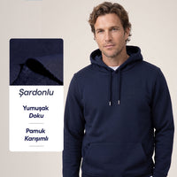 Koyu Lacivert Kapüşonlu Cepli Regular Fit Şardonlu Sıcak Tutan Pamuklu Basic Sweatshirt