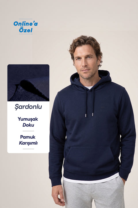 Koyu Lacivert Kapüşonlu Cepli Regular Fit Şardonlu Sıcak Tutan Pamuklu Basic Sweatshirt