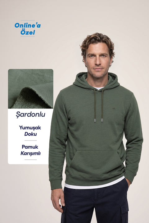 Orta Haki Kapüşonlu Cepli Regular Fit Şardonlu Sıcak Tutan Pamuklu Basic Sweatshirt