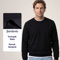 Siyah Bisiklet Yaka Regular Fit Pamuklu Şardonlu Sıcak Tutan Basic Sweatshirt