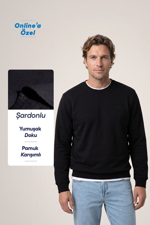 Siyah Bisiklet Yaka Regular Fit Pamuklu Şardonlu Sıcak Tutan Basic Sweatshirt