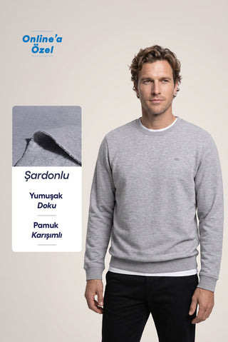  Orta Gri Melanj Bisiklet Yaka Regular Fit Pamuklu Şardonlu Sıcak Tutan Basic Sweatshirt