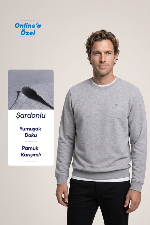 Orta Gri Melanj Bisiklet Yaka Regular Fit Pamuklu Şardonlu Sıcak Tutan Basic Sweatshirt