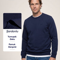 Koyu Lacivert Bisiklet Yaka Regular Fit Pamuklu Şardonlu Sıcak Tutan Basic Sweatshirt