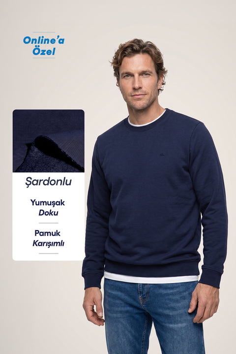 Koyu Lacivert Bisiklet Yaka Regular Fit Pamuklu Şardonlu Sıcak Tutan Basic Sweatshirt