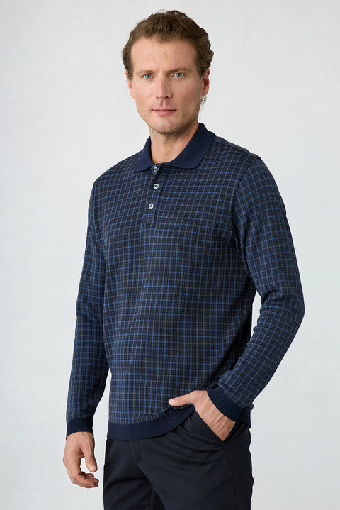Koyu Lacivert Polo Yaka Regular Fit Ekose Merserize Pamuk Ribana Detaylı Sweatshirt