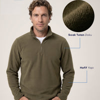 Orta Haki Fermuarlı Bato Yaka Regular Fit Polar Sweatshirt
