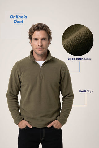  Orta Haki Fermuarlı Bato Yaka Regular Fit Polar Sweatshirt