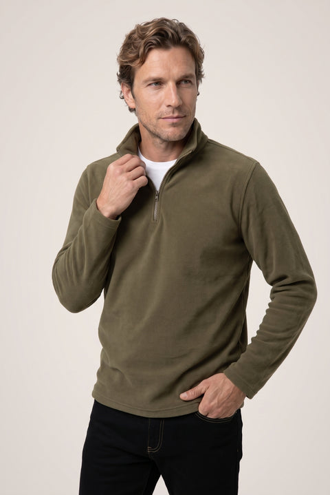 Orta Haki Fermuarlı Bato Yaka Regular Fit Polar Sweatshirt