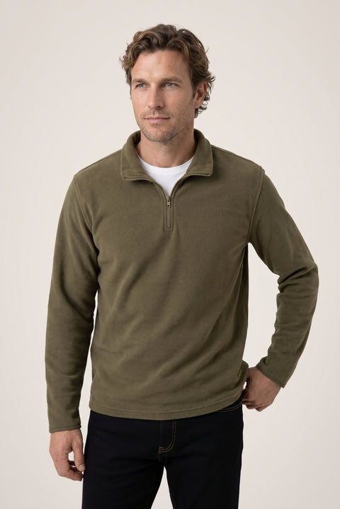 Orta Haki Fermuarlı Bato Yaka Regular Fit Polar Sweatshirt