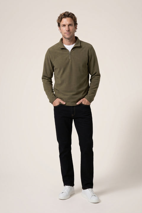 Orta Haki Fermuarlı Bato Yaka Regular Fit Polar Sweatshirt
