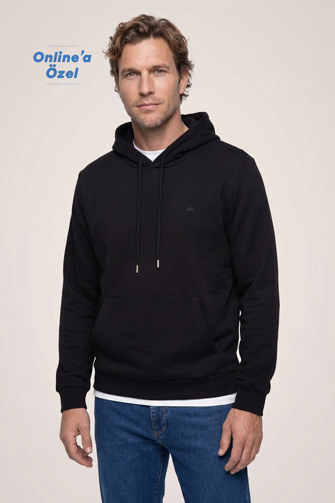 Siyah Kapüşonlu Regular Fit Pamuklu Cepli Sweatshirt