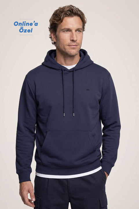 Koyu Lacivert Kapüşonlu Regular Fit Pamuklu Cepli Sweatshirt