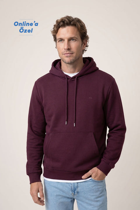 Koyu Bordo Kapüşonlu Regular Fit Pamuklu Cepli Sweatshirt