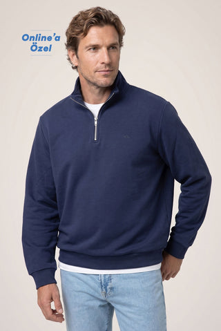  Koyu Lacivert Fermuarlı Yarım Balıkçı Yaka Regular Fit Pamuklu Basic Sweatshirt