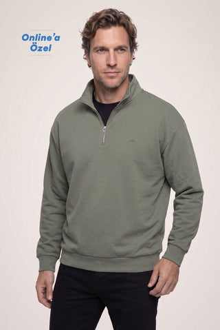  Orta Haki Fermuarlı Yarım Balıkçı Yaka Regular Fit Pamuklu Basic Sweatshirt
