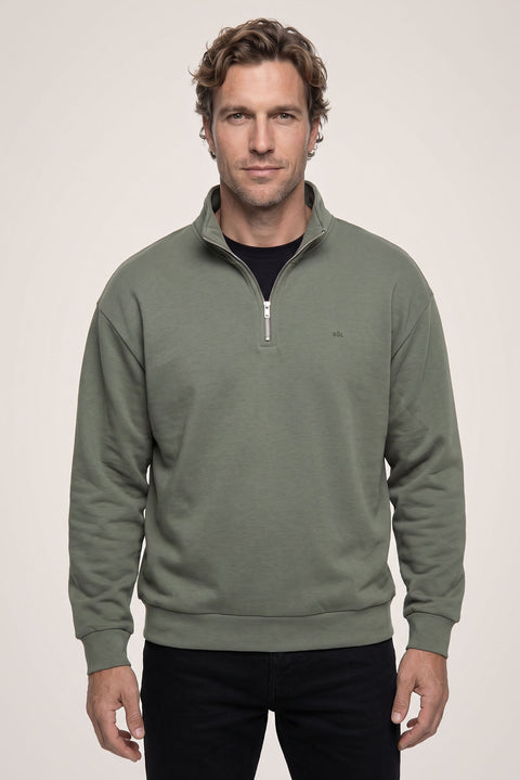 Orta Haki Fermuarlı Yarım Balıkçı Yaka Regular Fit Pamuklu Basic Sweatshirt