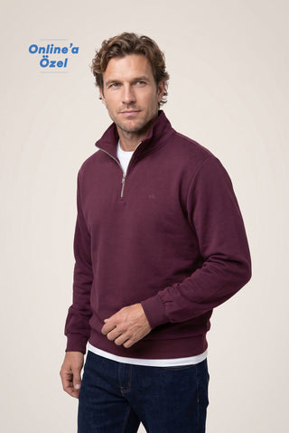  Koyu Bordo Fermuarlı Yarım Balıkçı Yaka Regular Fit Pamuklu Basic Sweatshirt