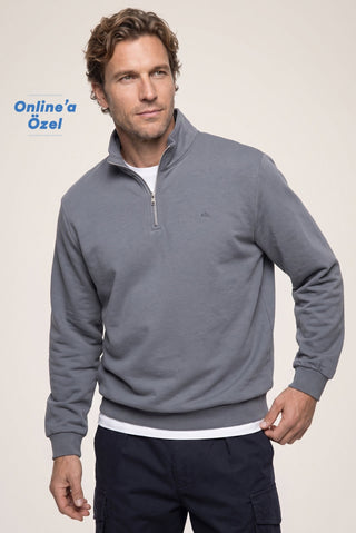  Orta Antrasit Fermuarlı Yarım Balıkçı Yaka Regular Fit Pamuklu Basic Sweatshirt