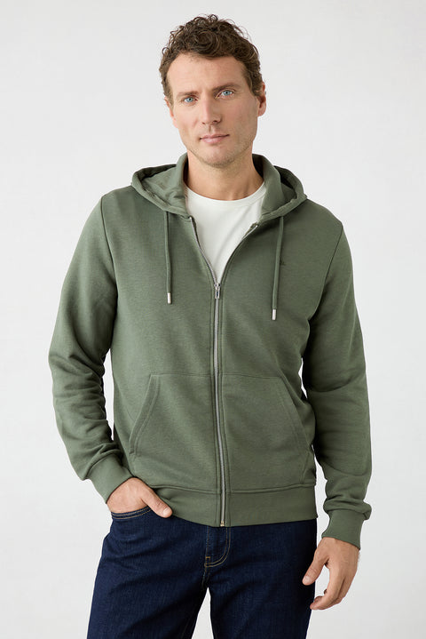 Medium Khaki Hooded Zippered Regular Fit Sweatshirt