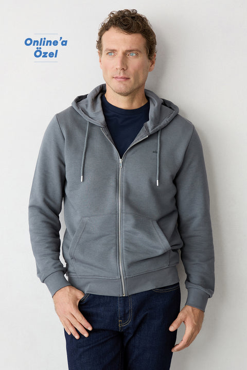 Medium Anthracite Hooded Zippered Regular Fit Sweatshirt