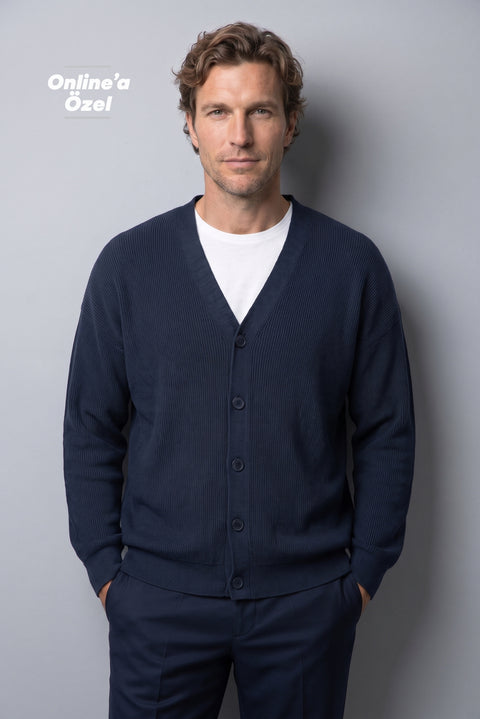 Dark Navy Regular Fit V-Neck Purl Knit Cardigan