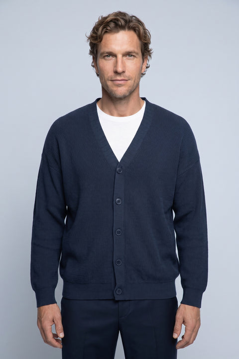 Dark Navy Regular Fit V-Neck Purl Knit Cardigan