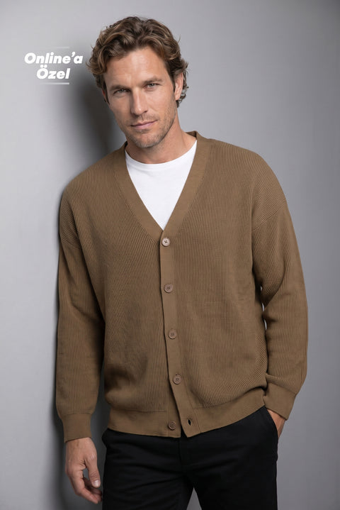 Medium Brown Regular Fit V-Neck Selanik Knit Cardigan