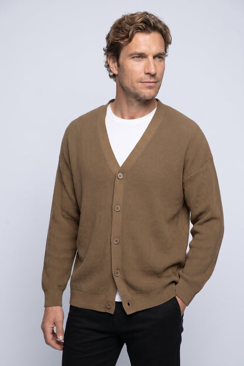 Medium Brown Regular Fit V-Neck Selanik Knit Cardigan