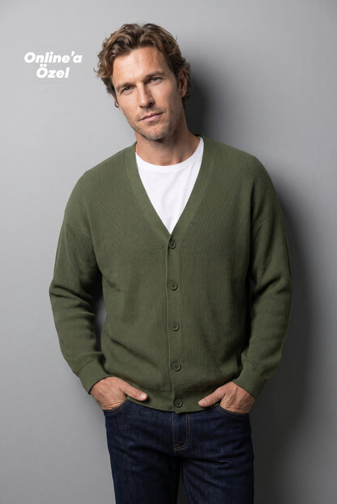 Medium Khaki Regular Fit V-Neck Purl Knit Cardigan