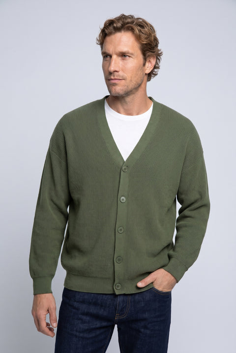 Medium Khaki Regular Fit V-Neck Purl Knit Cardigan
