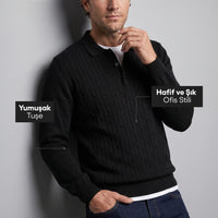 Siyah Polo Yaka Regular Fit Pamuklu Saç Örgü Desenli Yumuşak Tuşeli Triko Kazak