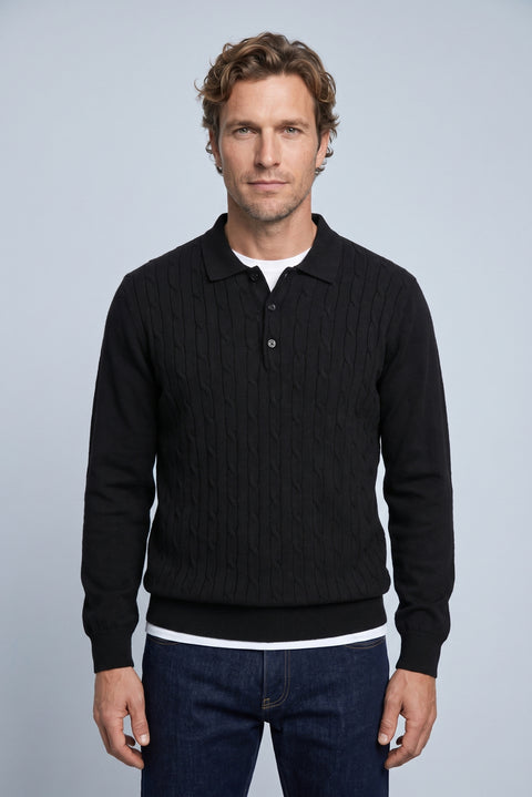 Siyah Polo Yaka Regular Fit Pamuklu Saç Örgü Desenli Yumuşak Tuşeli Triko Kazak