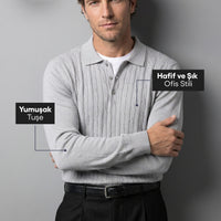 Orta Gri Polo Yaka Regular Fit Pamuklu Saç Örgü Desenli Yumuşak Tuşeli Triko Kazak