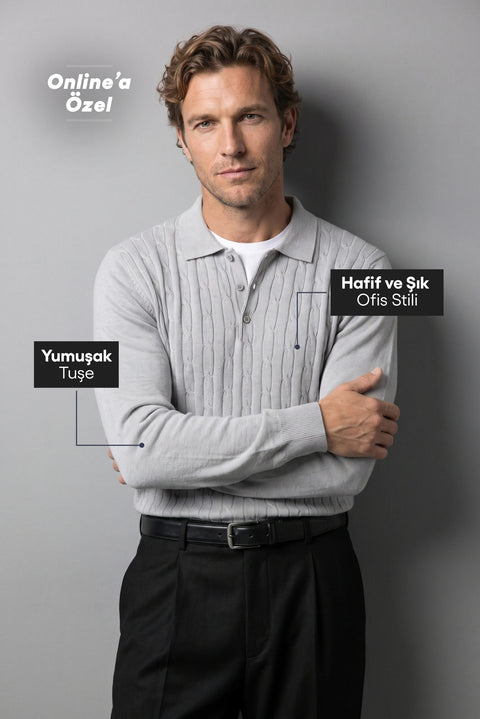 Orta Gri Polo Yaka Regular Fit Pamuklu Saç Örgü Desenli Yumuşak Tuşeli Triko Kazak