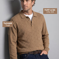 Orta Kahve Polo Yaka Regular Fit Pamuklu Saç Örgü Desenli Yumuşak Tuşeli Triko Kazak