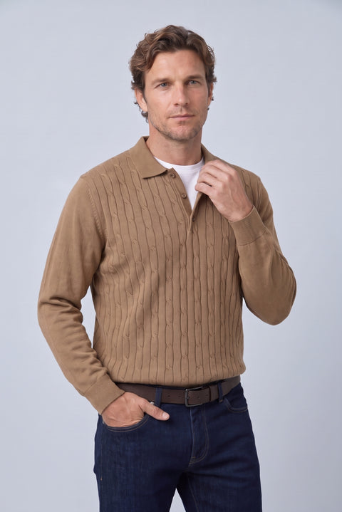 Orta Kahve Polo Yaka Regular Fit Pamuklu Saç Örgü Desenli Yumuşak Tuşeli Triko Kazak