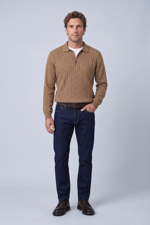 Orta Kahve Polo Yaka Regular Fit Pamuklu Saç Örgü Desenli Yumuşak Tuşeli Triko Kazak