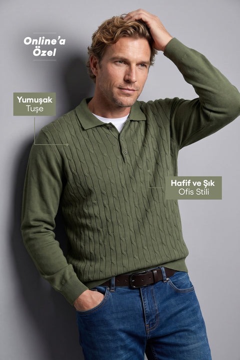 Orta Haki Polo Yaka Regular Fit Pamuklu Saç Örgü Desenli Yumuşak Tuşeli Triko Kazak
