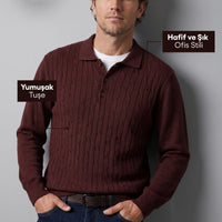 Koyu Bordo Polo Yaka Regular Fit Pamuklu Saç Örgü Desenli Yumuşak Tuşeli Triko Kazak