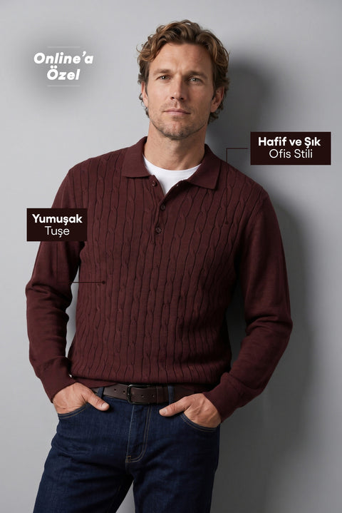 Koyu Bordo Polo Yaka Regular Fit Pamuklu Saç Örgü Desenli Yumuşak Tuşeli Triko Kazak