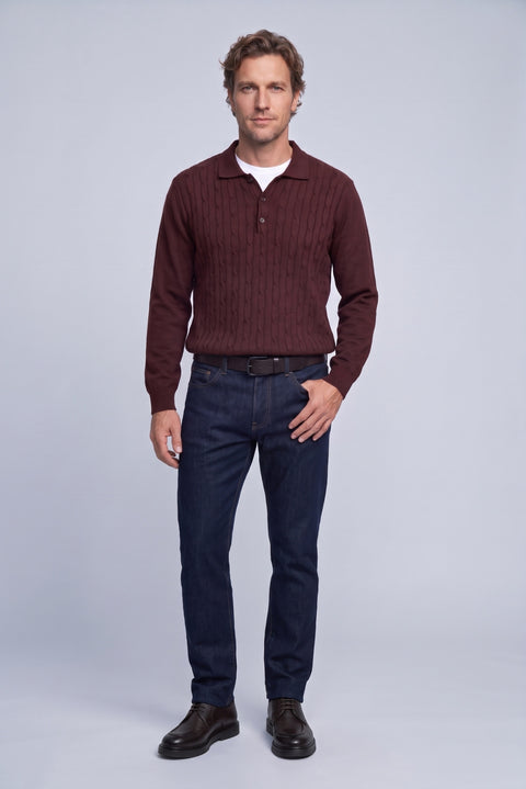Koyu Bordo Polo Yaka Regular Fit Pamuklu Saç Örgü Desenli Yumuşak Tuşeli Triko Kazak