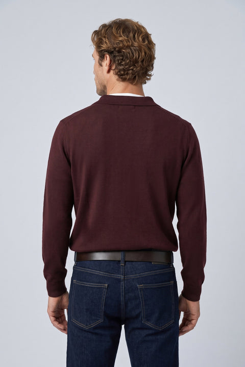 Koyu Bordo Polo Yaka Regular Fit Pamuklu Saç Örgü Desenli Yumuşak Tuşeli Triko Kazak