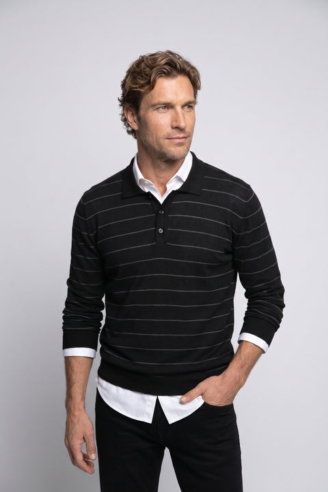 Black Regular Fit Polo Neck Cotton/Acrylic Striped Knit Sweater