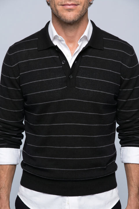 Black Regular Fit Polo Neck Cotton/Acrylic Striped Knit Sweater